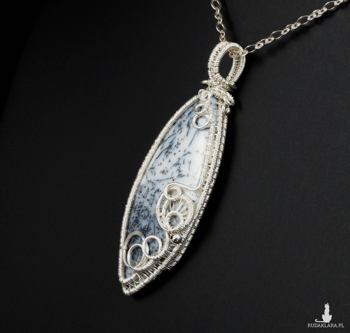 Agat dendrytowy, Srebrny wisior z plastrem agatu wire wrapped, prezent dla niej, prezent dla mamy, ręcznie robiona biżuteria autorska